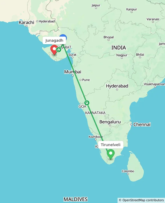 Route map showing distance and travel time from Tirunelveli, India to Junagadh, India