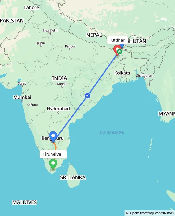 Route map showing distance and travel time from Tirunelveli, India to Katihar, India