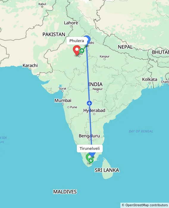 Route map showing distance and travel time from Tirunelveli, India to Phulera, India