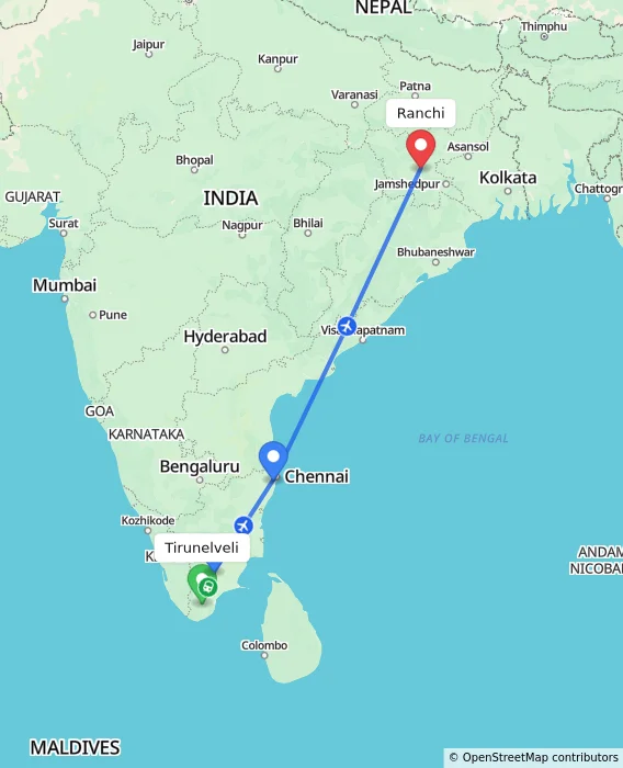 Route map showing distance and travel time from Tirunelveli, India to Ranchi, India