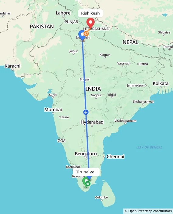 Route map showing distance and travel time from Tirunelveli, India to Rishikesh, India