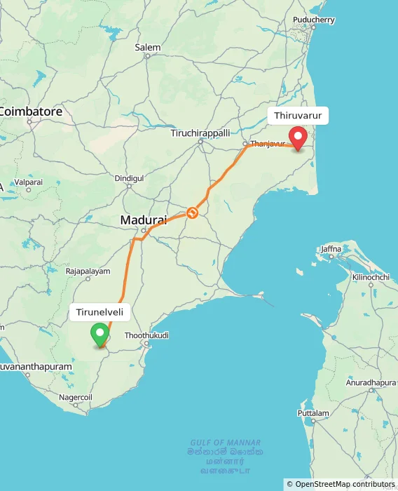 Route map showing distance and travel time from Tirunelveli, India to Thiruvarur, India