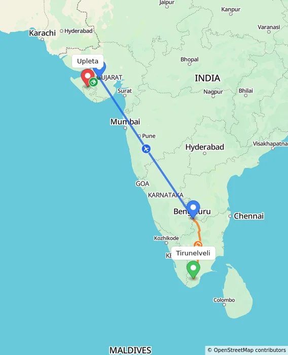 Route map showing distance and travel time from Tirunelveli, India to Upleta, India