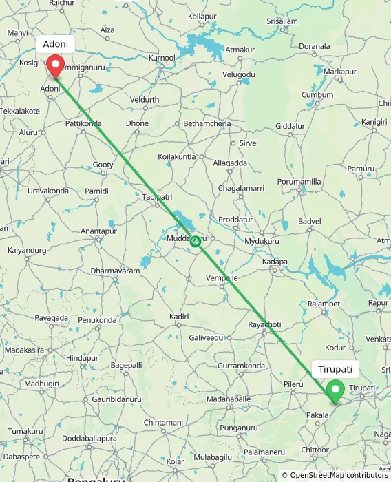 Route map showing distance and travel time from Tirupati, India to Adoni, India