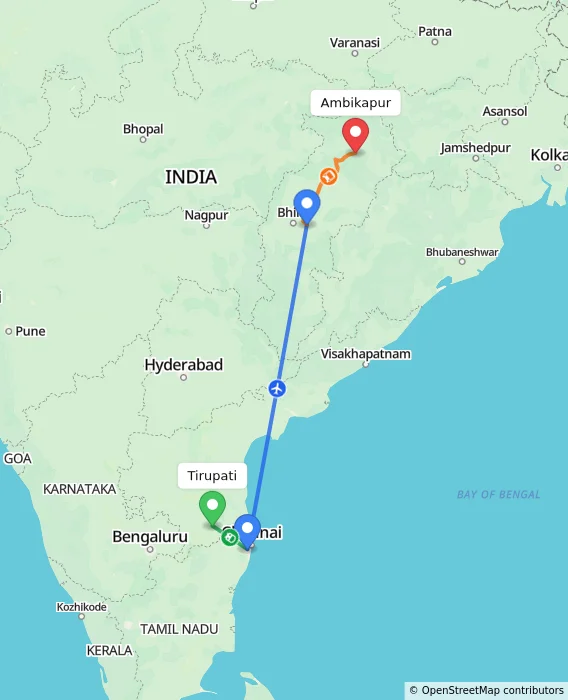 Route map showing distance and travel time from Tirupati, India to Ambikapur, India