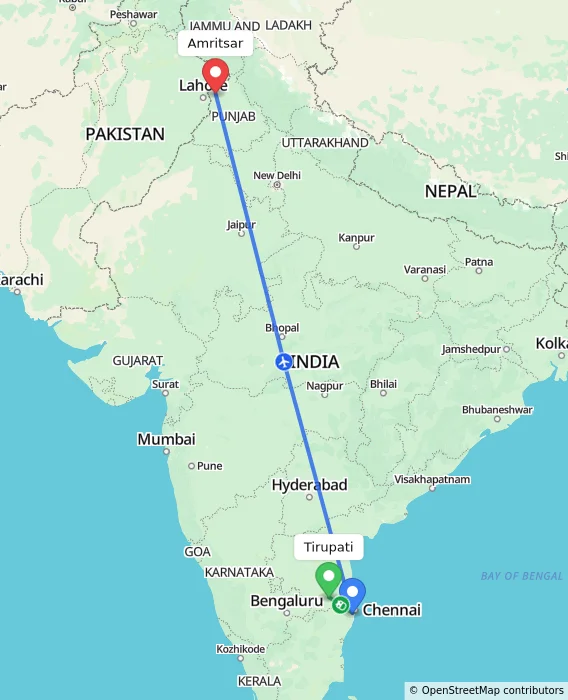 Route map showing distance and travel time from Tirupati, India to Amritsar, India