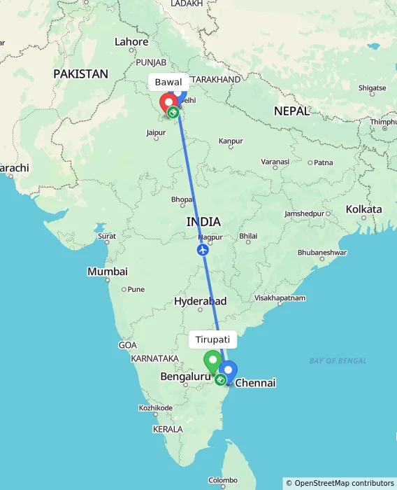 Route map showing distance and travel time from Tirupati, India to Bawal, India