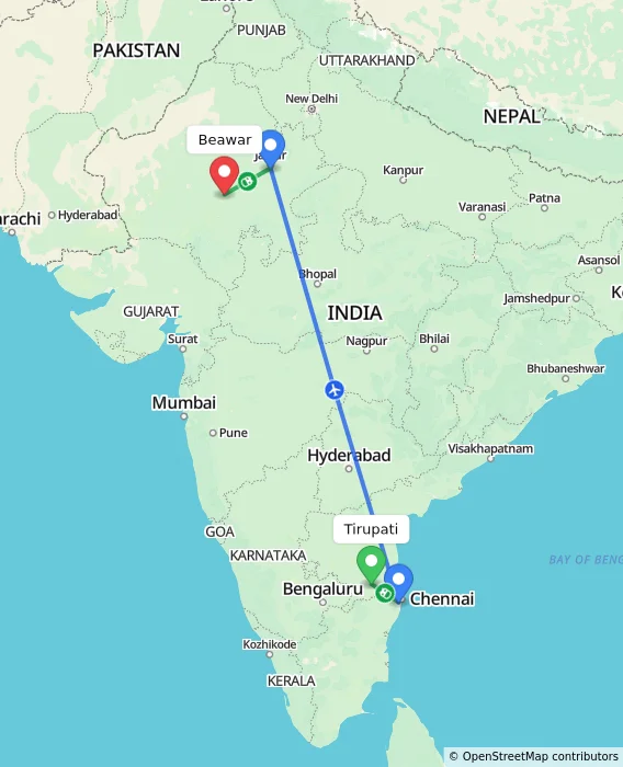 Route map showing distance and travel time from Tirupati, India to Beawar, India