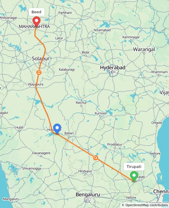 Route map showing distance and travel time from Tirupati, India to Beed, India
