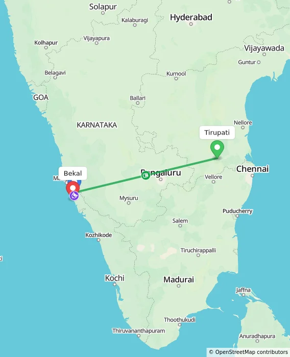 Route map showing distance and travel time from Tirupati, India to Bekal, India