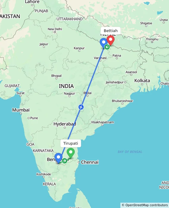 Route map showing distance and travel time from Tirupati, India to Bettiah, India