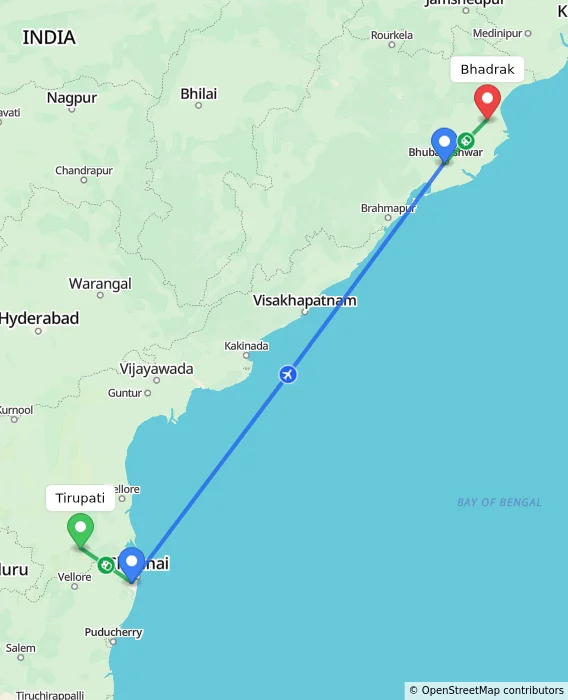 Route map showing distance and travel time from Tirupati, India to Bhadrak, India