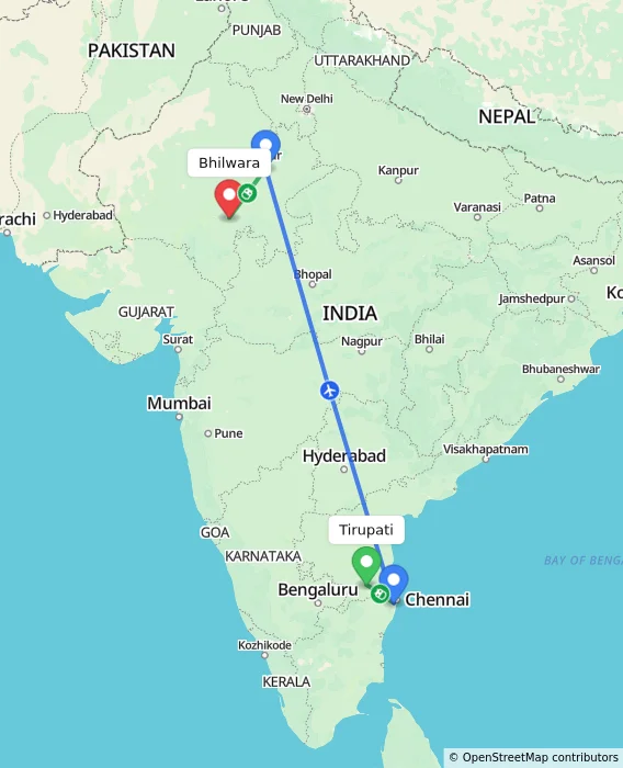 Route map showing distance and travel time from Tirupati, India to Bhilwara, India