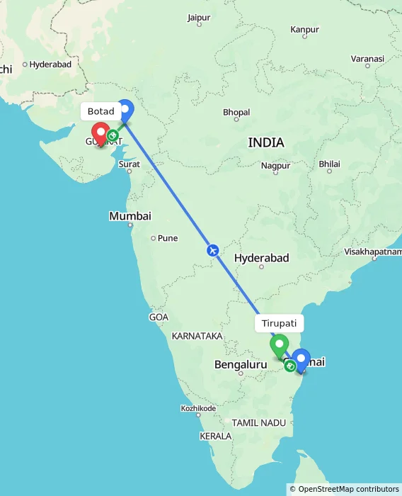 Route map showing distance and travel time from Tirupati, India to Botad, India