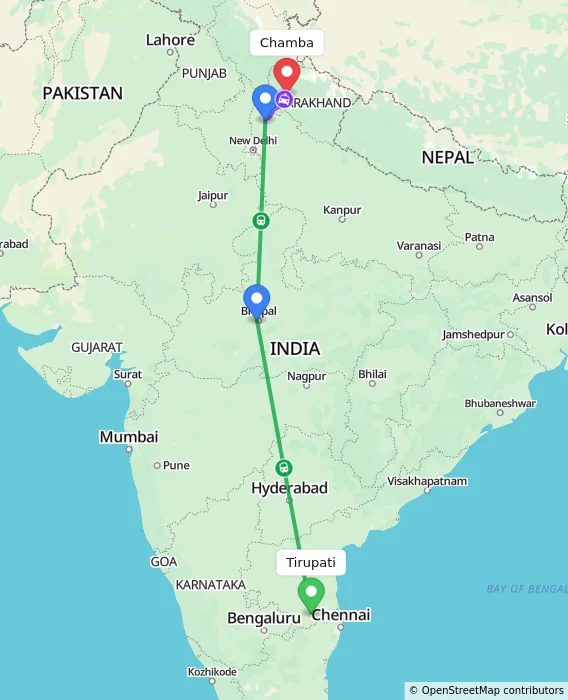 Route map showing distance and travel time from Tirupati, India to Chamba, India