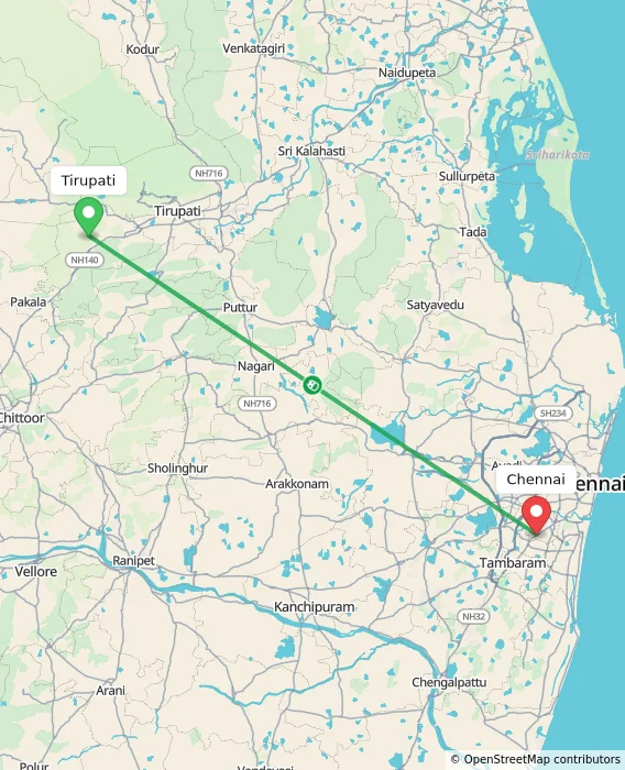 Route map showing distance and travel time from Tirupati, India to Chennai, India