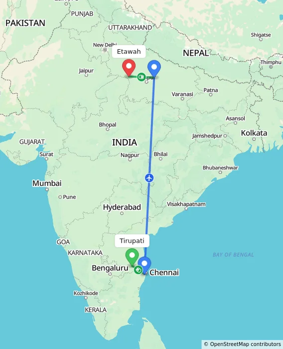 Route map showing distance and travel time from Tirupati, India to Etawah, India
