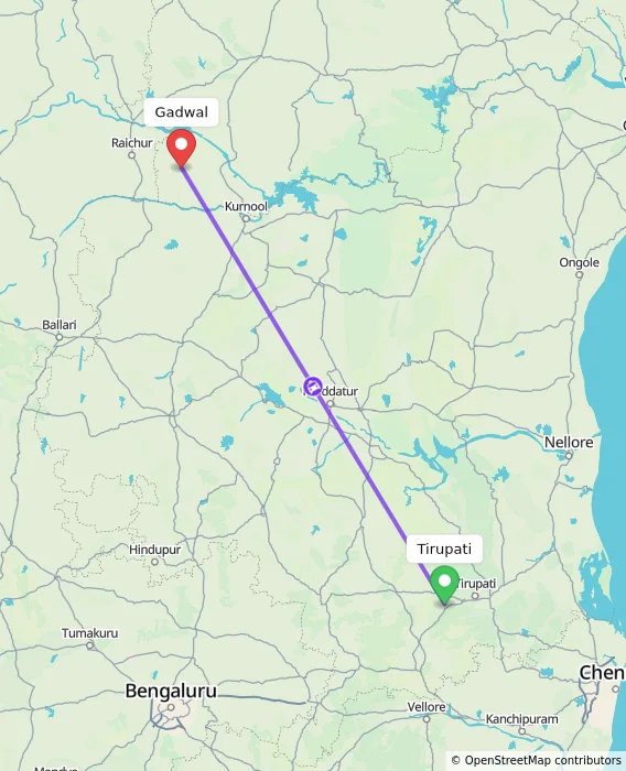 Route map showing distance and travel time from Tirupati, India to Gadwal, India