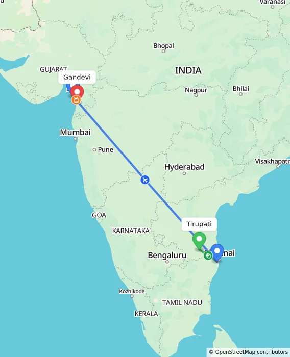 Route map showing distance and travel time from Tirupati, India to Gandevi, India
