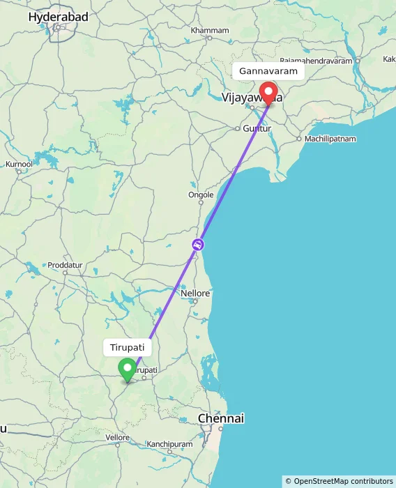 Route map showing distance and travel time from Tirupati, India to Gannavaram, India