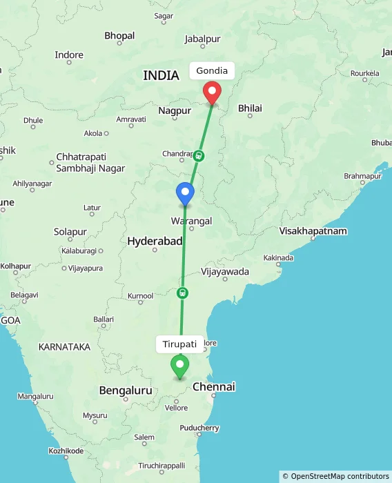 Route map showing distance and travel time from Tirupati, India to Gondia, India