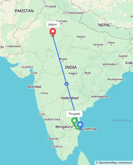 Route map showing distance and travel time from Tirupati, India to Jaipur, India