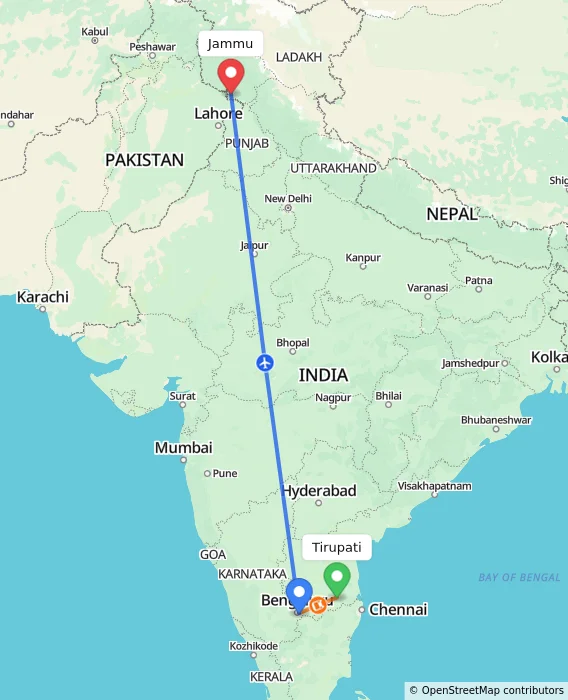 Route map showing distance and travel time from Tirupati, India to Jammu, India
