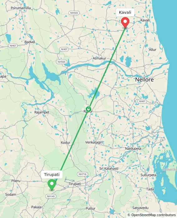 Route map showing distance and travel time from Tirupati, India to Kavali, India