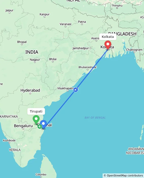 Route map showing distance and travel time from Tirupati, India to Kolkata, India