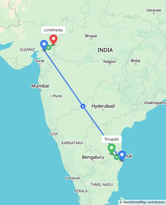 Route map showing distance and travel time from Tirupati, India to Limkheda, India