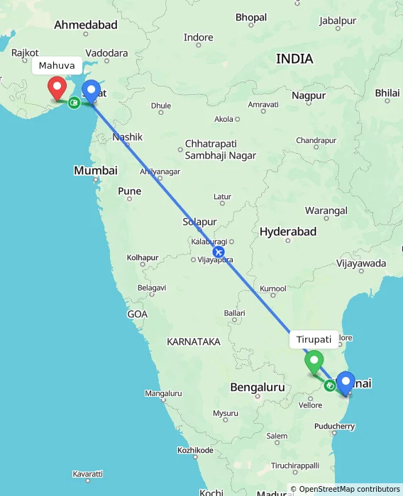 Route map showing distance and travel time from Tirupati, India to Mahuva, India