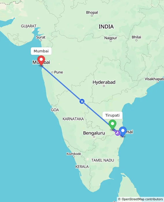 Route map showing distance and travel time from Tirupati, India to Mumbai, India