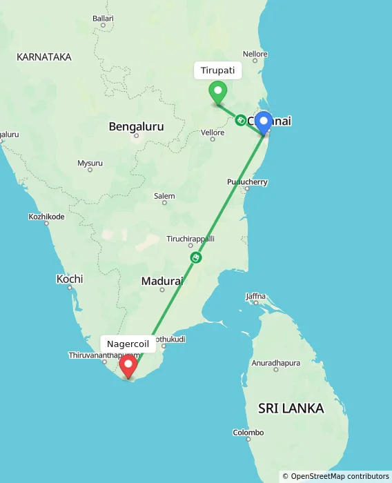 Route map showing distance and travel time from Tirupati, India to Nagercoil, India