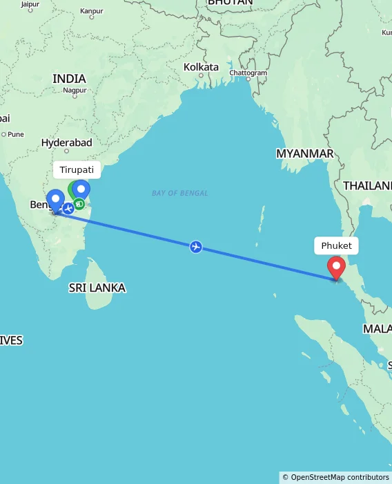 Route map showing distance and travel time from Tirupati, India to Phuket, Thailand