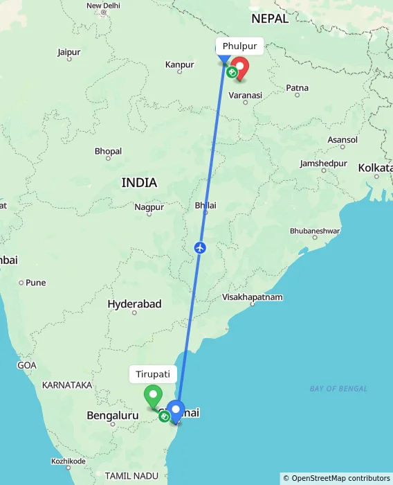 Route map showing distance and travel time from Tirupati, India to Phulpur, India