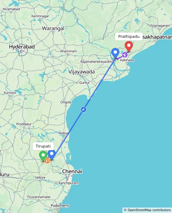 Route map showing distance and travel time from Tirupati, India to Prathipadu, India
