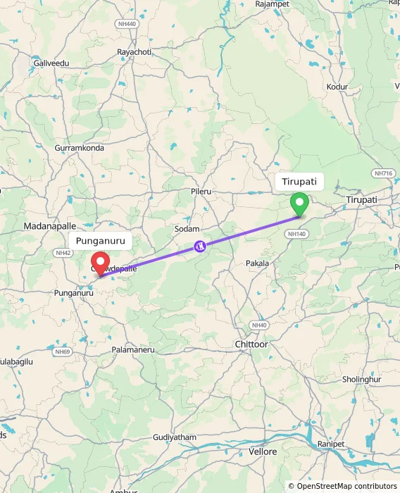 Route map showing distance and travel time from Tirupati, India to Punganuru, India