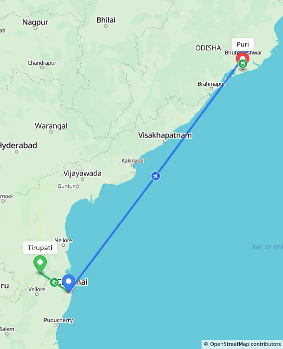 Route map showing distance and travel time from Tirupati, India to Puri, India