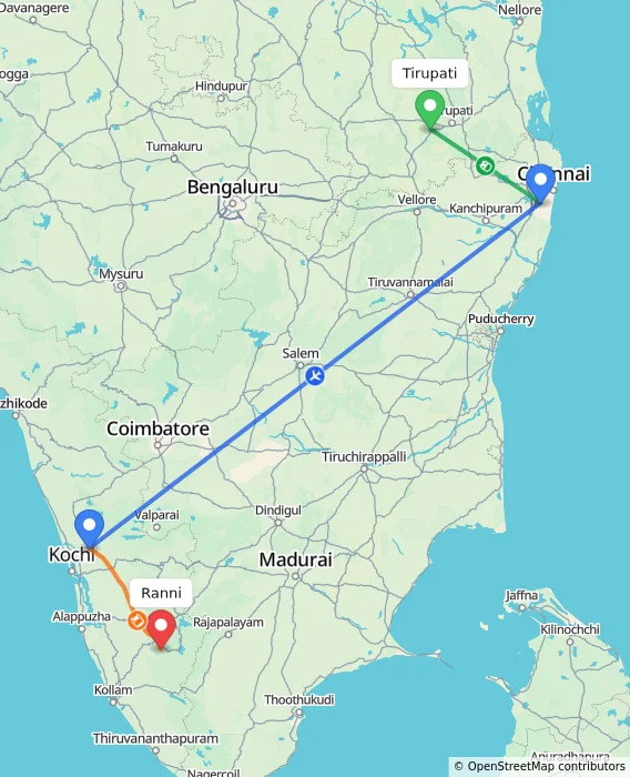 Route map showing distance and travel time from Tirupati, India to Ranni, India