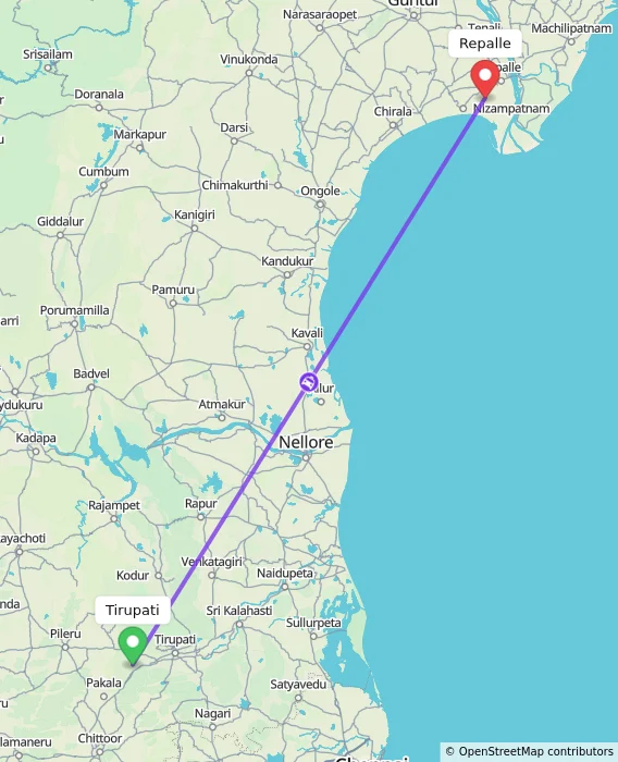 Route map showing distance and travel time from Tirupati, India to Repalle, India