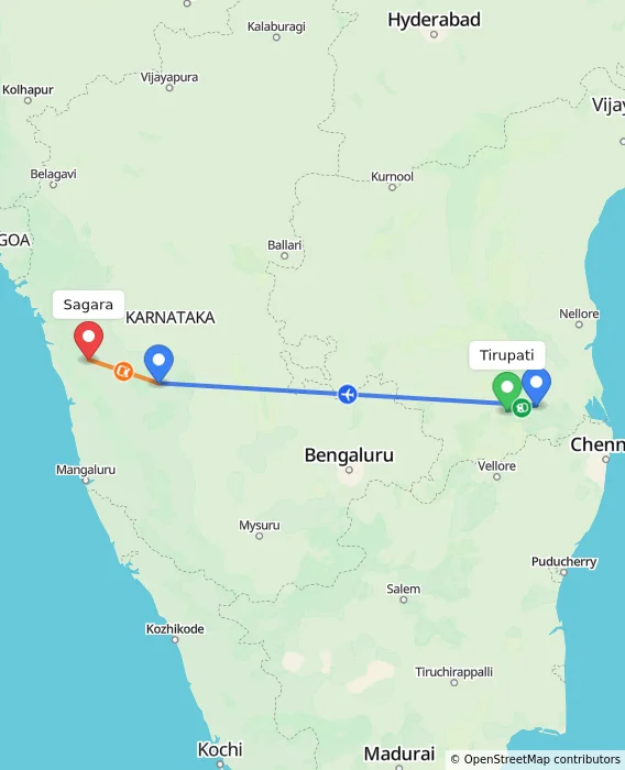 Route map showing distance and travel time from Tirupati, India to Sagara, India