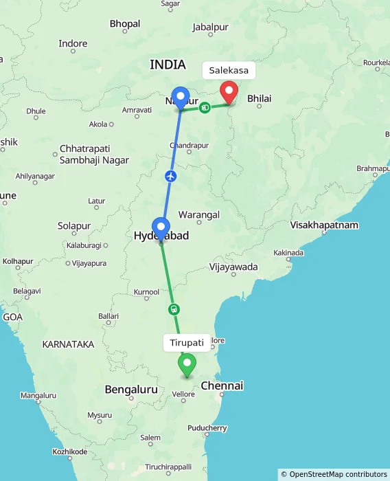 Route map showing distance and travel time from Tirupati, India to Salekasa, India