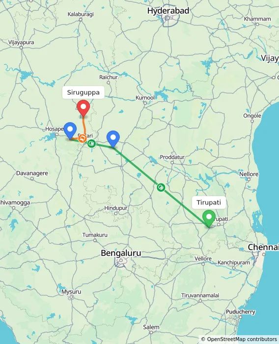 Route map showing distance and travel time from Tirupati, India to Siruguppa, India