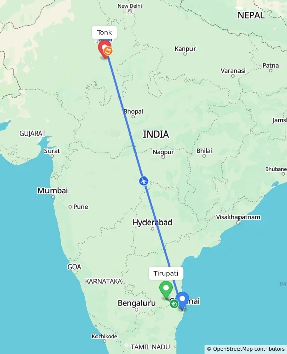 Route map showing distance and travel time from Tirupati, India to Tonk, India