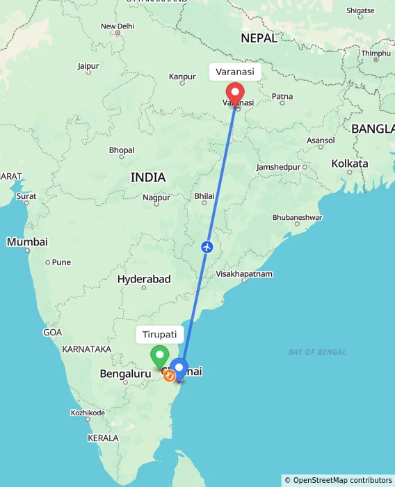 Route map showing distance and travel time from Tirupati, India to Varanasi, India