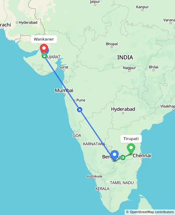 Route map showing distance and travel time from Tirupati, India to Wankaner, India