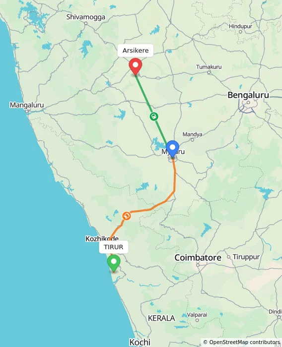 Route map showing distance and travel time from TIRUR, India to Arsikere, India