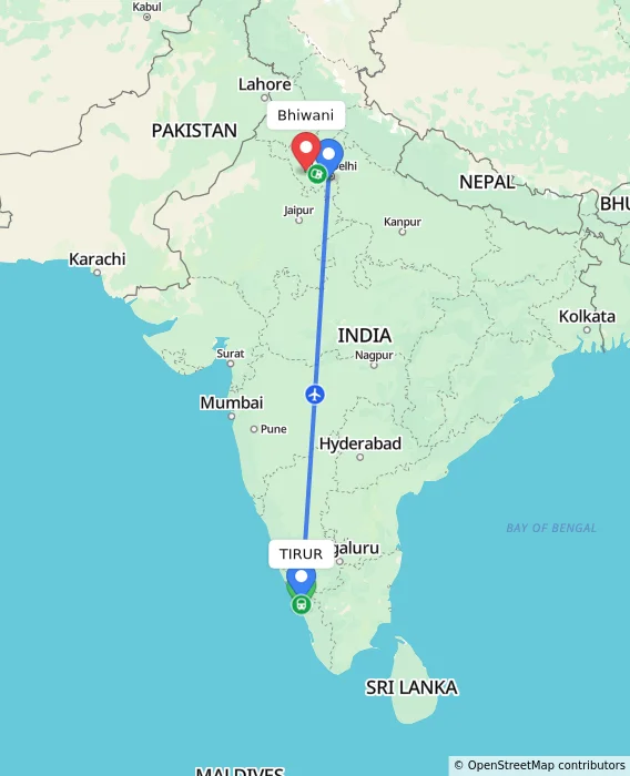 Route map showing distance and travel time from TIRUR, India to Bhiwani, India