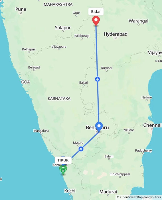 Route map showing distance and travel time from TIRUR, India to Bidar, India
