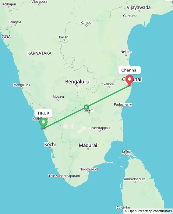 Route map showing distance and travel time from TIRUR, India to Chennai, India
